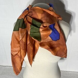 Vintage Orange Blue and Green Hand Painted Silk Scarf